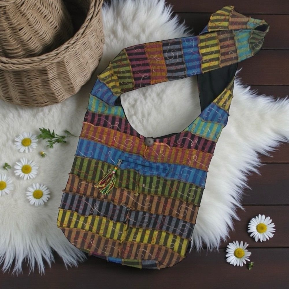 Boho Patchwork Shoulder Bag Rainbow Striped Hobo Purse Festival Hippie Tote
